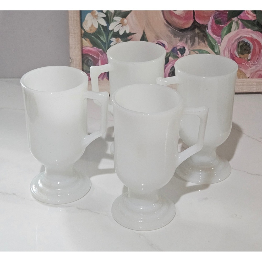 Vintage Milk Glass Irish Coffee Mugs Set of 4 Footed Pedestal White Glassware